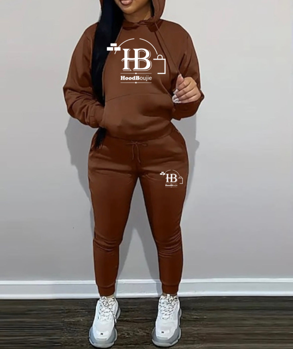 Hood Boujie Logo - Womens 2 Piece Joggers Pants Pullover Hoodie Casual Sweatsuit Set