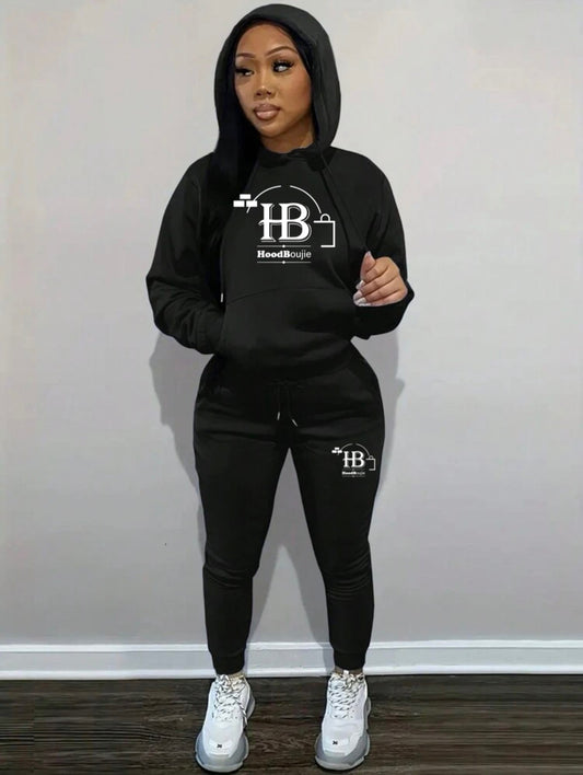 Hood Boujie Logo - Womens 2 Piece Joggers Pants Pullover Hoodie Casual Sweatsuit Set