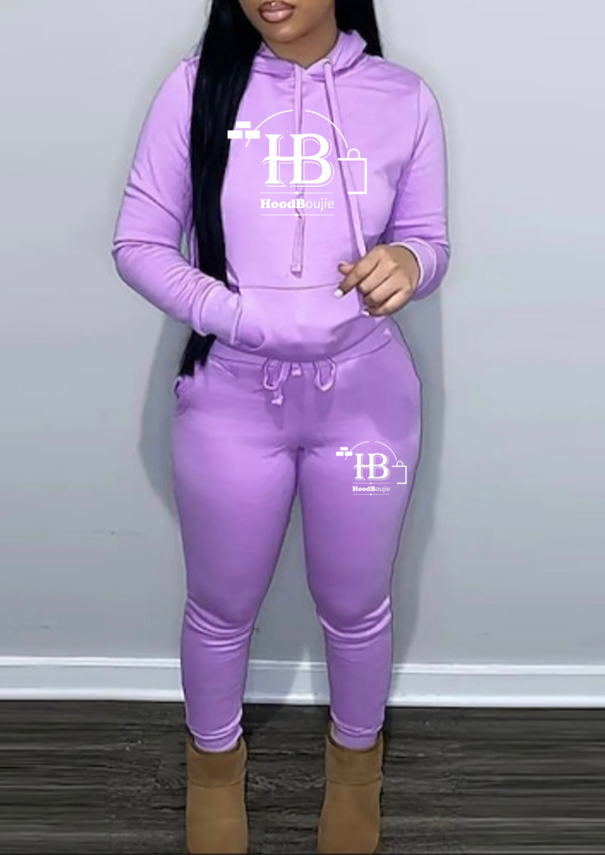 Hood Boujie Logo - Womens 2 Piece Joggers Pants Pullover Hoodie Casual Sweatsuit Set