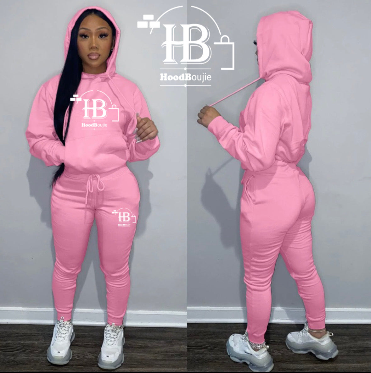 Hood Boujie Logo - Womens 2 Piece Joggers Pants Pullover Hoodie Casual Sweatsuit Set