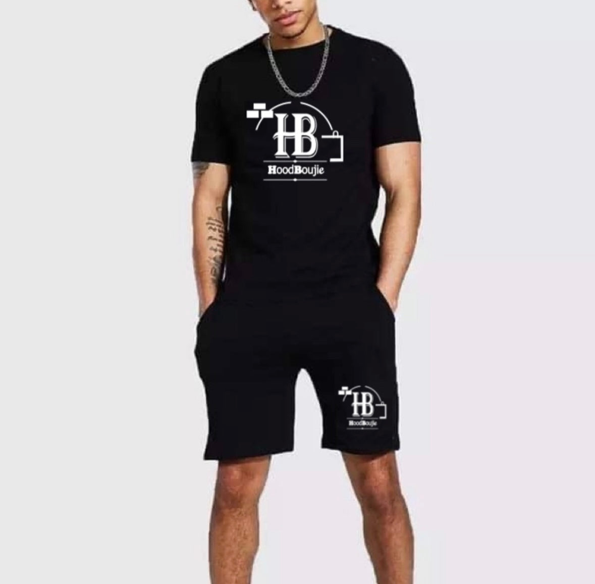 Hood Boujie Logo- Men 2 Piece Outfits Casual Shorts Jogger set