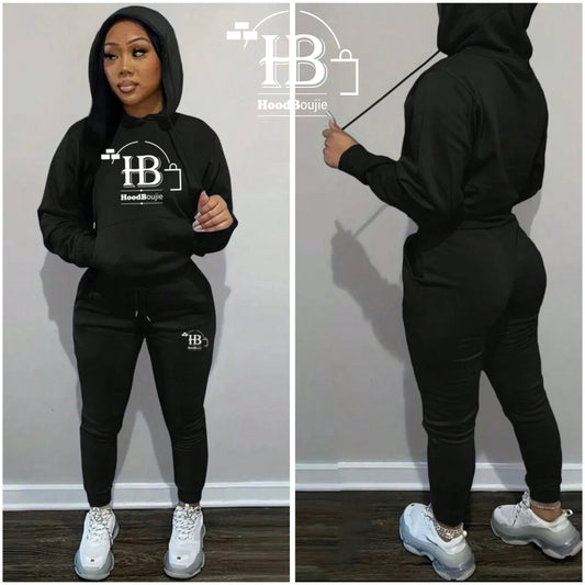 Hood Boujie Logo - Womens 2 Piece Joggers Pants Pullover Hoodie Casual Sweatsuit Set