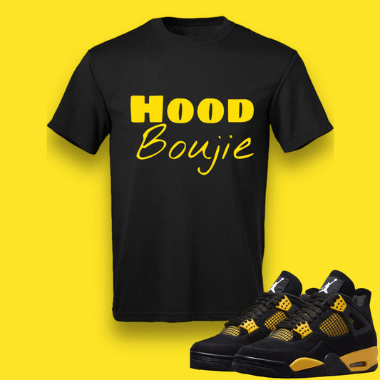 Hood Boujie Champions World T- shirt to Match Air Jordan 4 Retro Thunder Black Yellow