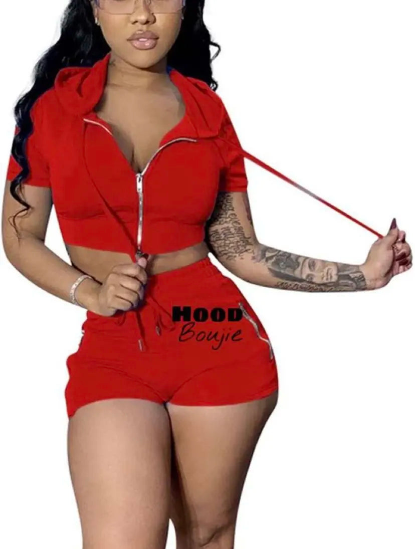 Hood Boujie - Womens Casual Two-Piece Set : Hooded Jacket  Matching Shorts Set (Fresa/Strawberry)