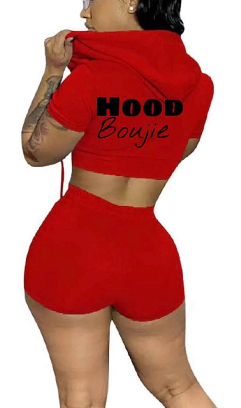 Hood Boujie - Womens Casual Two-Piece Set : Hooded Jacket  Matching Shorts Set (Fresa/Strawberry)