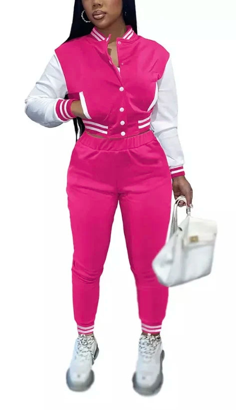 Hood Boujie - Women’s Varsity Jacket Tracksuit 2 Piece Outfit Pants Sets(Pink/White)