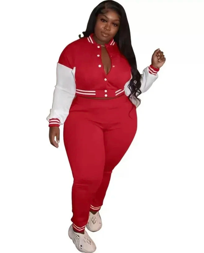 Women's 2023 Fall Two Piece Outfit Long Sleeve Varsity Jacket Tracksuit - Red 2 Piece Set