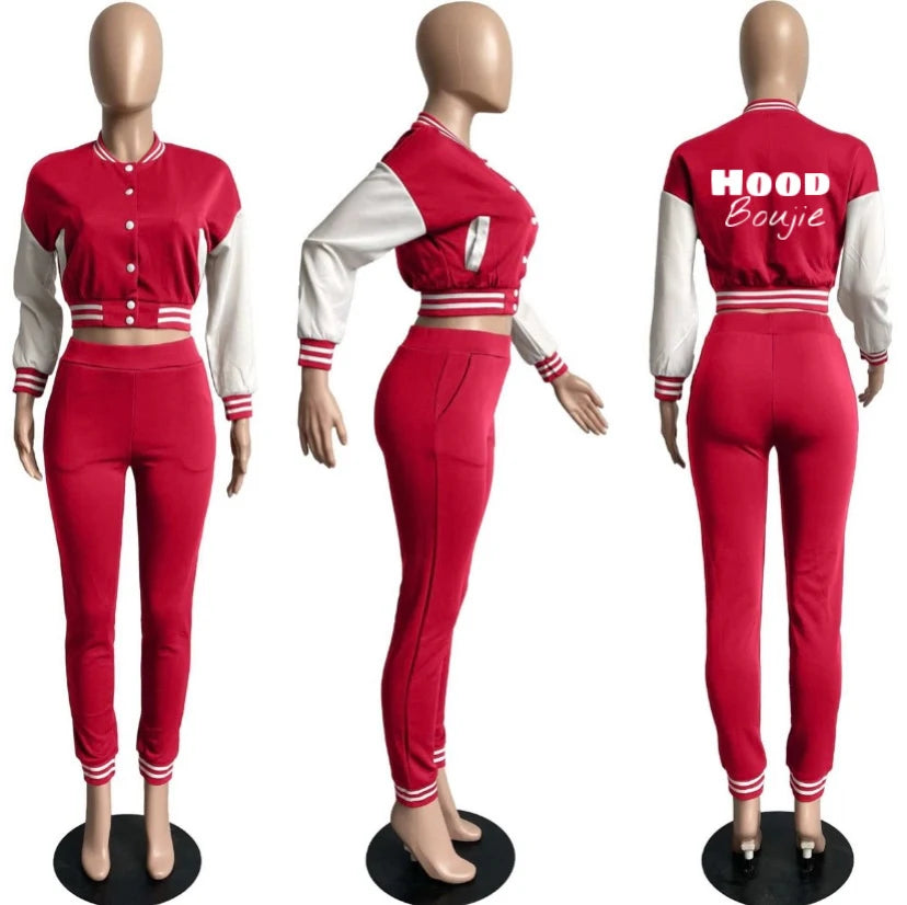 Women's 2023 Fall Two Piece Outfit Long Sleeve Varsity Jacket Tracksuit - Red 2 Piece Set