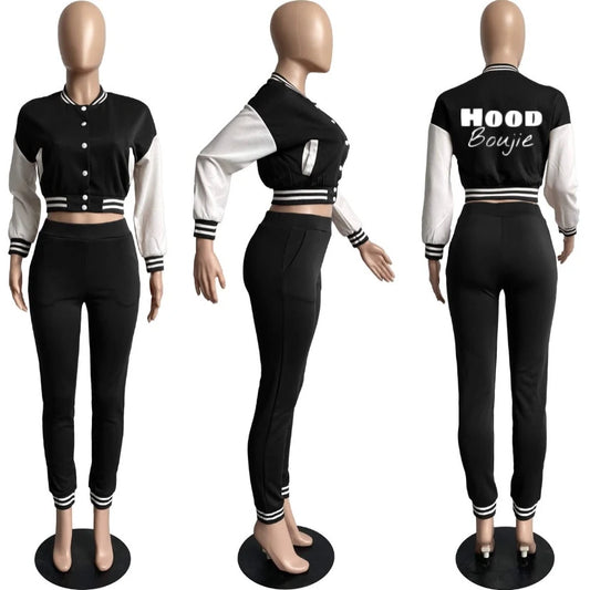 Hood Boujie - Women 2 Piece Outfits Sets Long Sleeve Varsity Jacket Tracksuit - Black Two Pieces Set