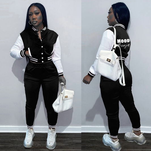 Hood Boujie - Women 2 Piece Outfits Sets Long Sleeve Varsity Jacket Tracksuit - Black Two Pieces Set