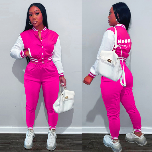 Hood Boujie - Women’s Varsity Jacket Tracksuit 2 Piece Outfit Pants Sets(Pink/White)